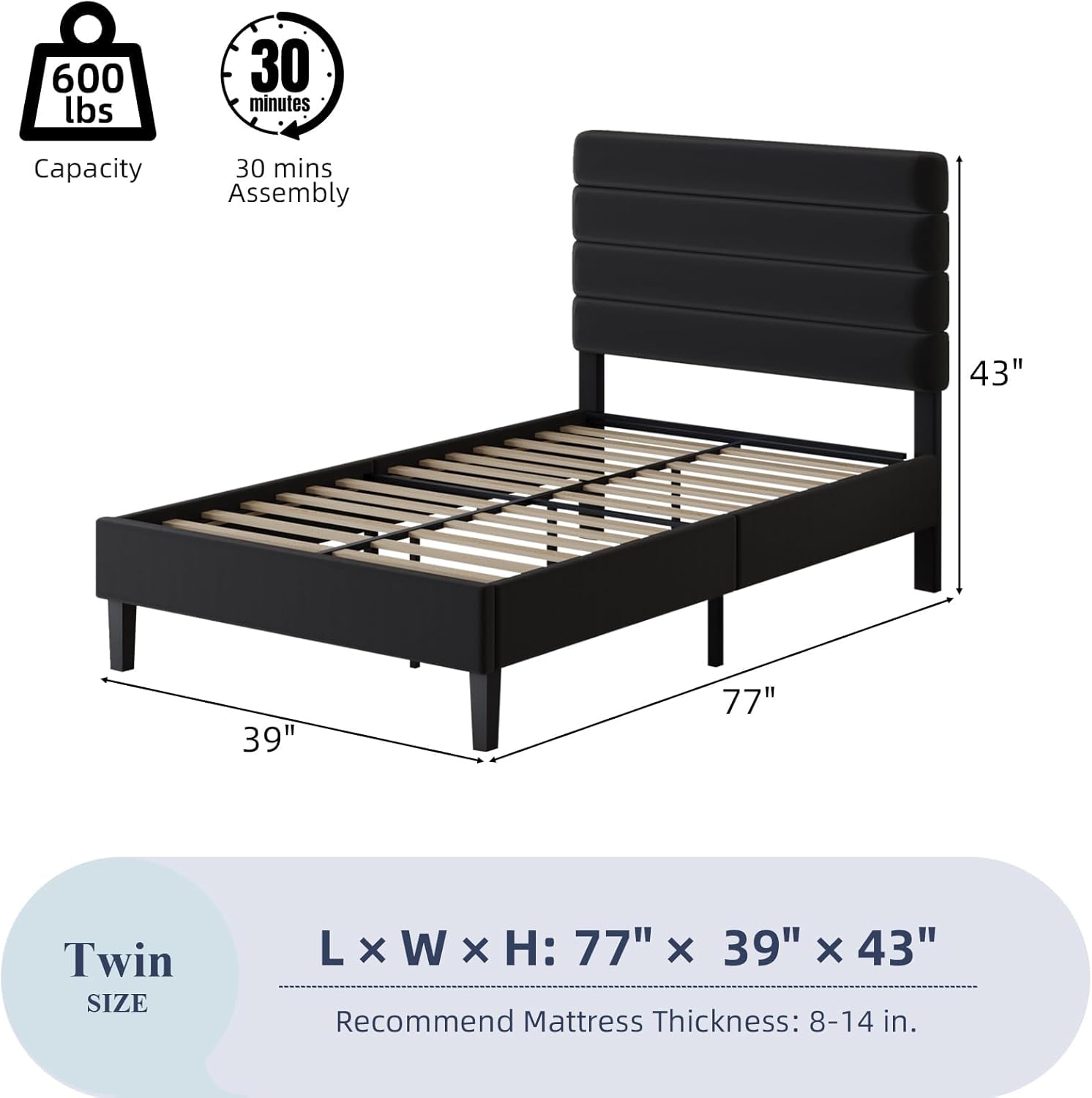 Twin Bed Frame with Velvet Upholstered Headboard, Twin Platform Bed Frame with Wooden Slats Support, No Box Spring Needed, Noise-Free, Easy Assembly, Black - Image 2