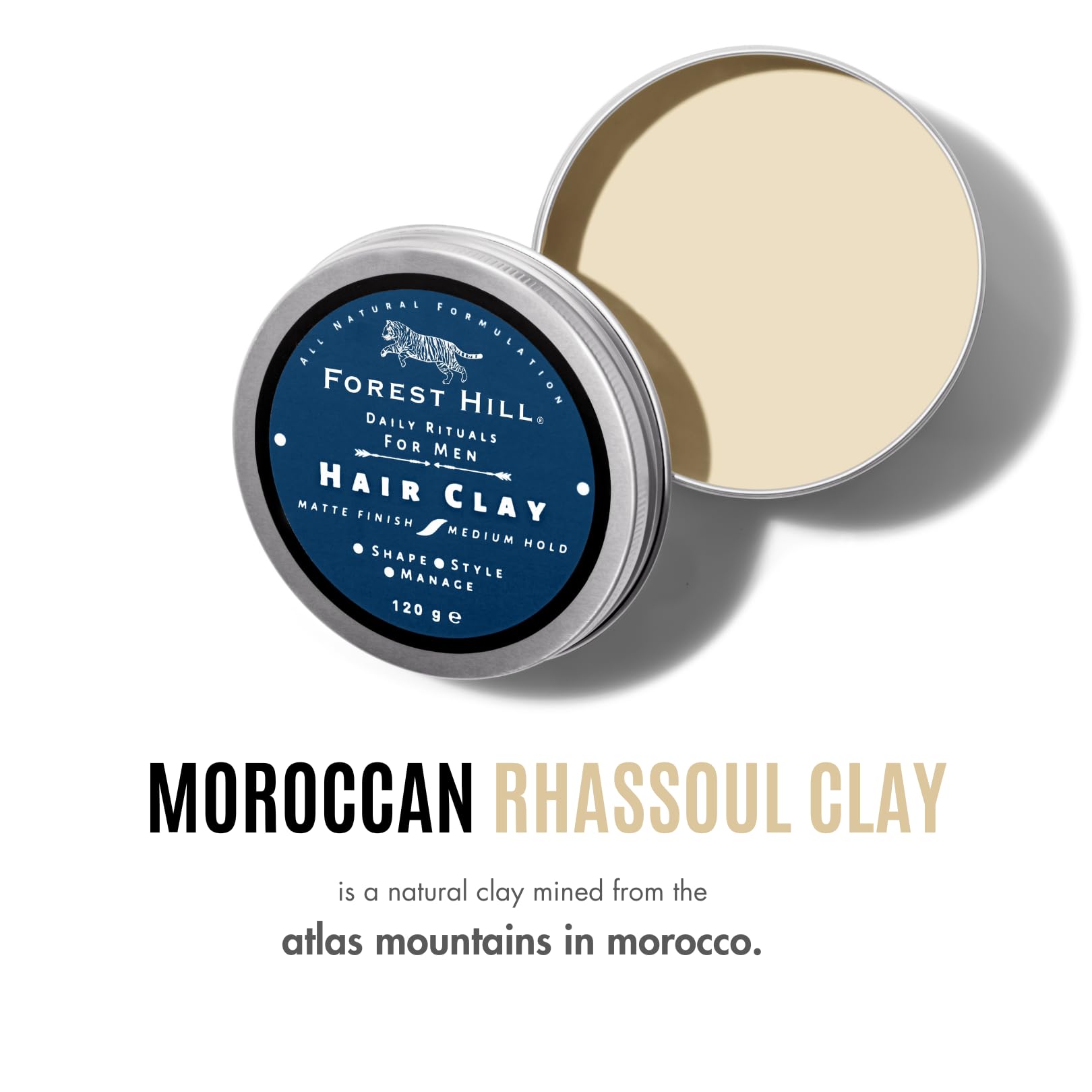 Forest Hill Daily Use Hair Styling Clay For Men, Non Greasy, Lightweight, Natural Look & Medium Hold, Matte Finish, All Natural Formula, Goodness of Shea Butter, Beeswax, Kaolin Clay & Argan Oil, 120g 1