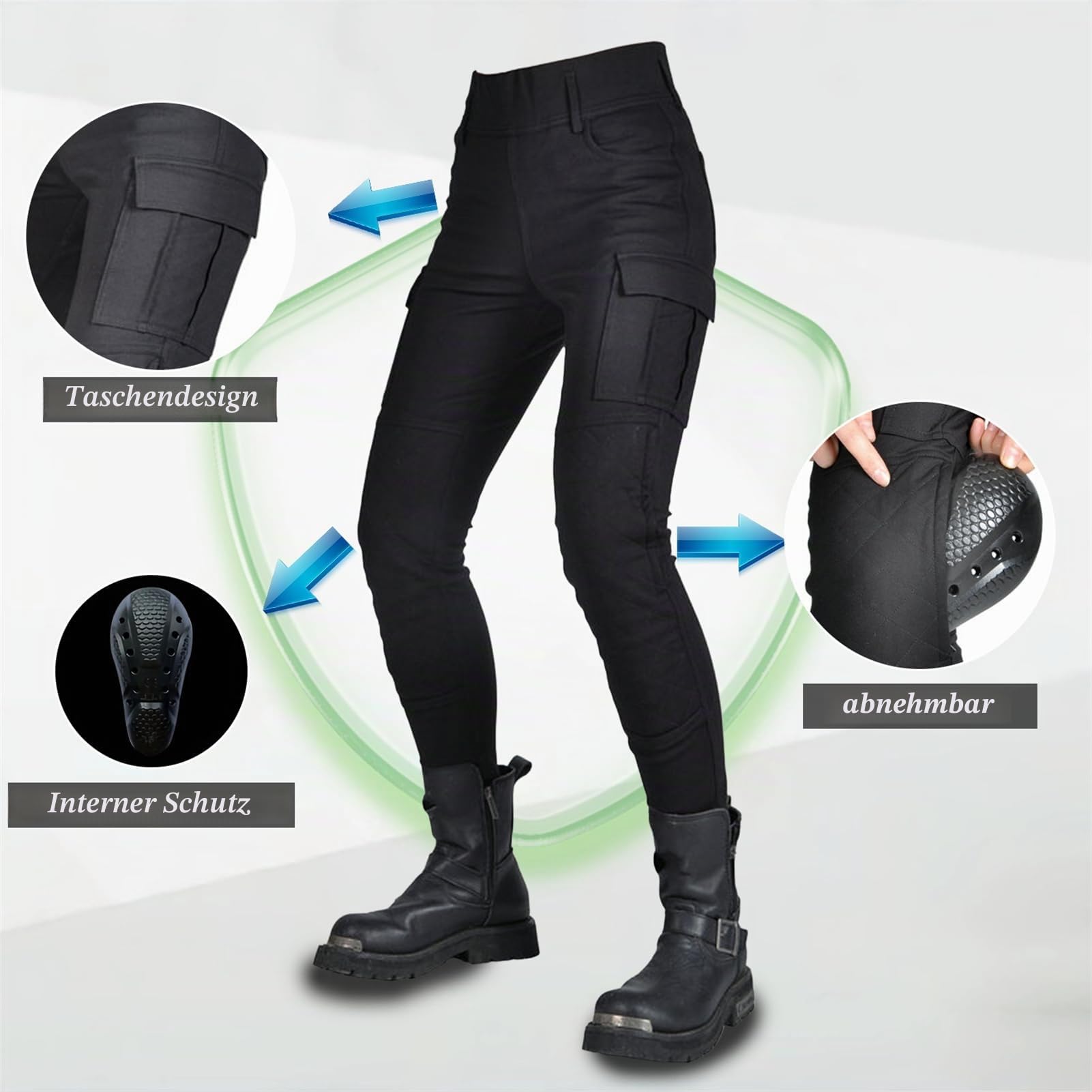 Motorradleggins Damen -Motorrad Stretch Leggings Hose Frauen mit Protektoren Motorradhose (Black-A,M)