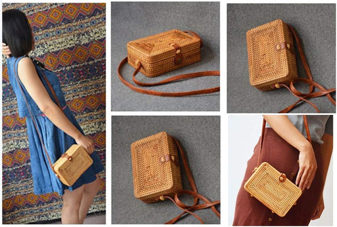Rattan Bag Summer Straw Beach Bag Woven Wicker Basket Vacation Straw Purse Beach Bags Gifts for Women (Leather buttons(small square))
