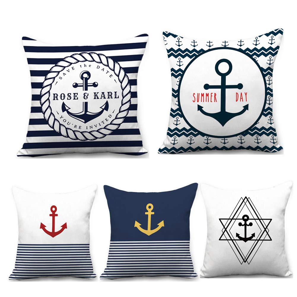 Linge coussin maritime lot de 5 housses de taie d'oreiller 45x45 cm pour canapé