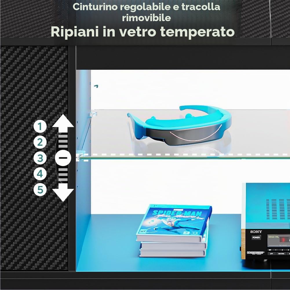 Bestier Mobile TV basso per TV da 65 pollici e piccoli televisori, 145 x 35 x 52 cm, con luci LED RGB & ripiani in vetro regolabili per soggiorno, camera da letto