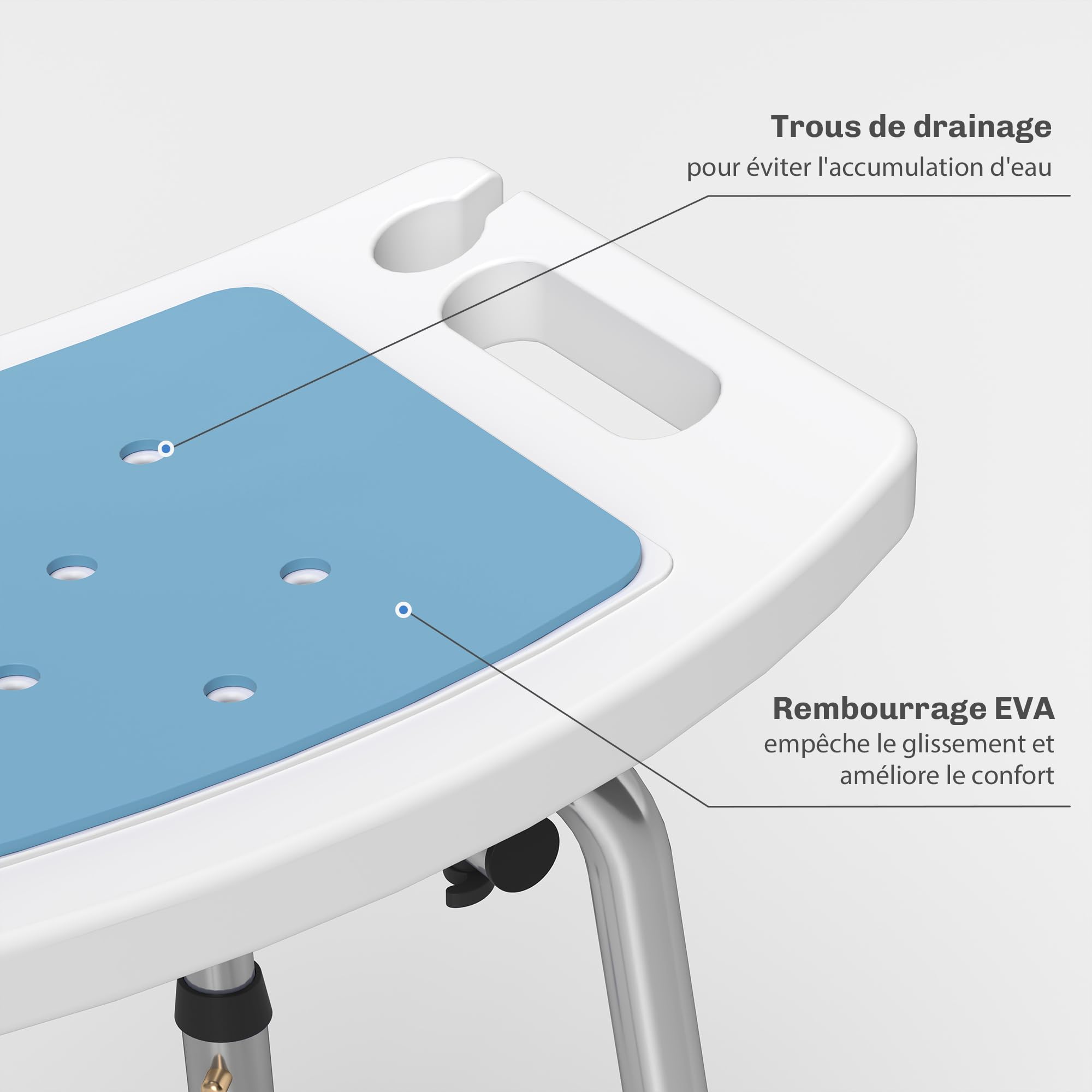 HOMCOM Taburete de ducha Silla de ducha para personas mayores y discapacitadas, con respaldo, asiento curvado, altura ajustable, patines antideslizantes y soporte para cabezal de ducha de aluminio