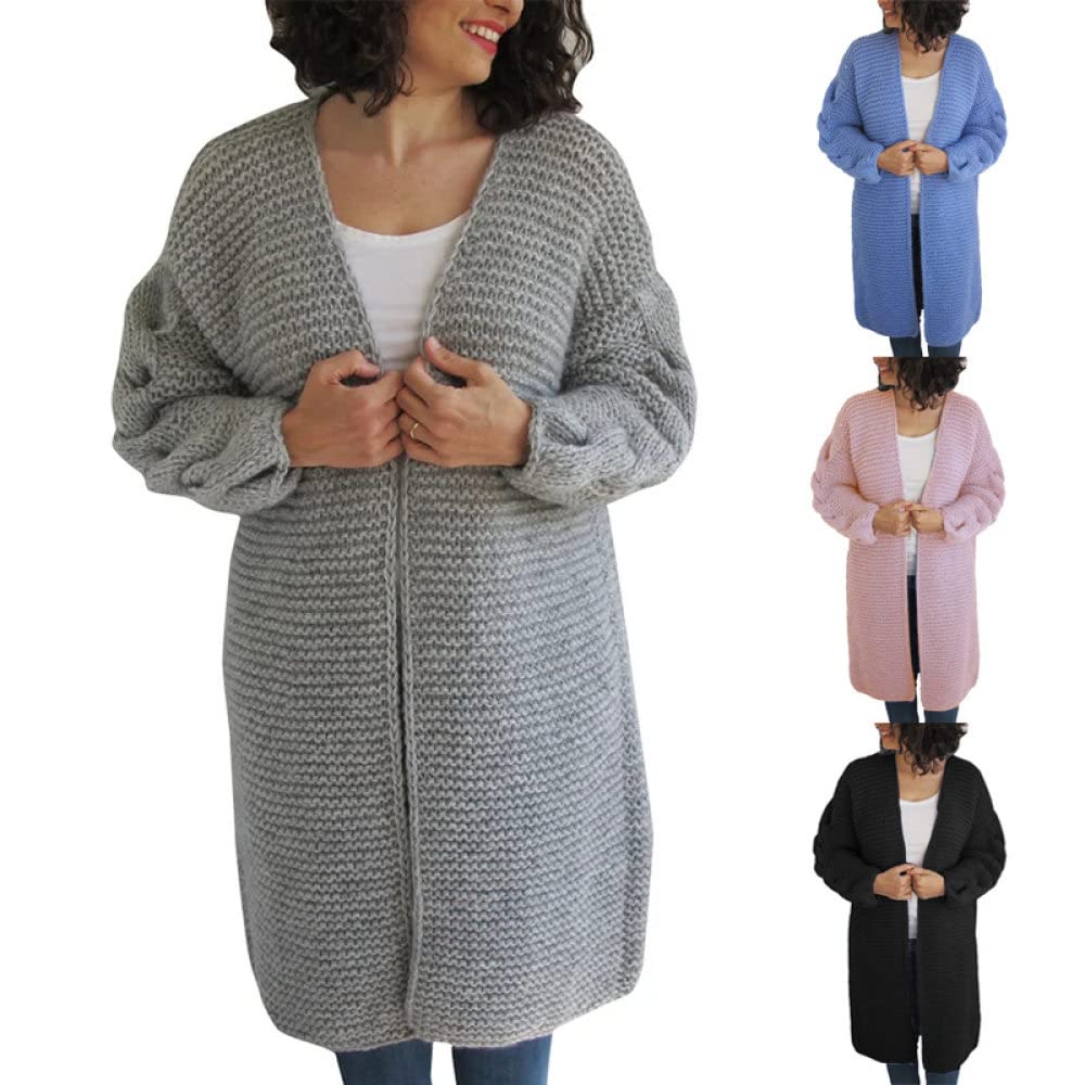 HGJH Damen Strickjacke,Damen-Strickpullover, Vorne Offen, Lange Strickjacke, Zopfmuster, V-Ausschnitt, Klobig, Einfarbig, Blau, Strickjacke, Weich, Elegante, Leichte Herbstjacke Für Lässiges Business