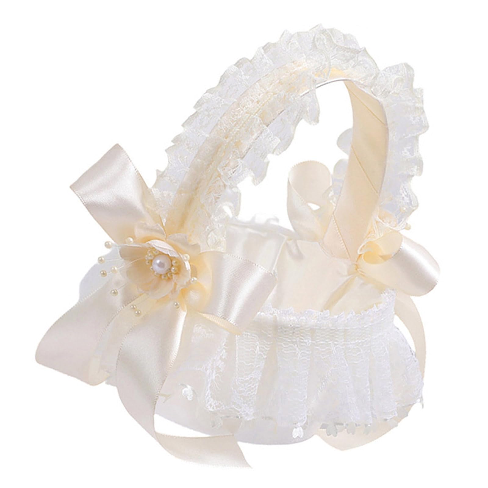 NEWFT Wedding Girl Basket with Lace Trim Ribbon Bowknot Floral Girl Basket Small Storage Container for Weddings Decoration