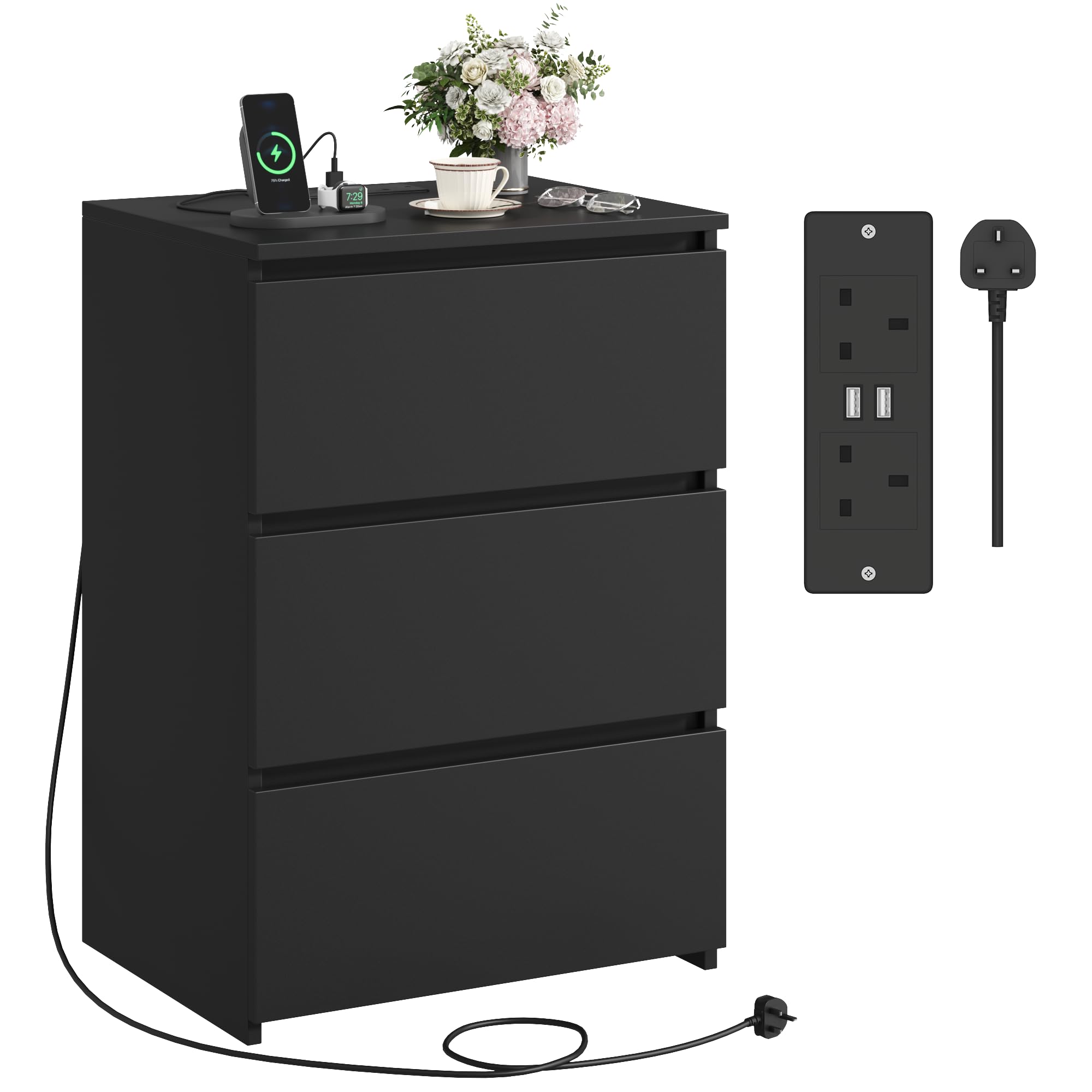 FirFurd Bedside Table with Charging Station, Bedside Cabinet Nightstand with 3 Drawers, 2 AC Outlets 2 USB Ports, Black Side End Table for Bedroom Living Room 45x38x66cm