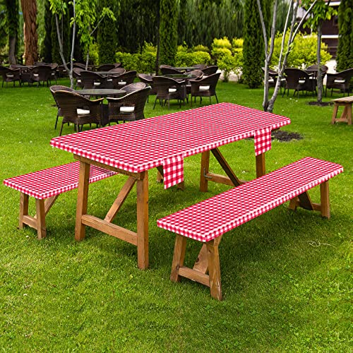 Turstin Vinyl Picnic Table Table Cover And Bench Covers Fitted Waterproof Tablecloth With Flannel Backed Lining Elastic Edge For Picnic Indoor Outdoor 72 X 30 Inch 9Pcs Set, Red And White #TOP5