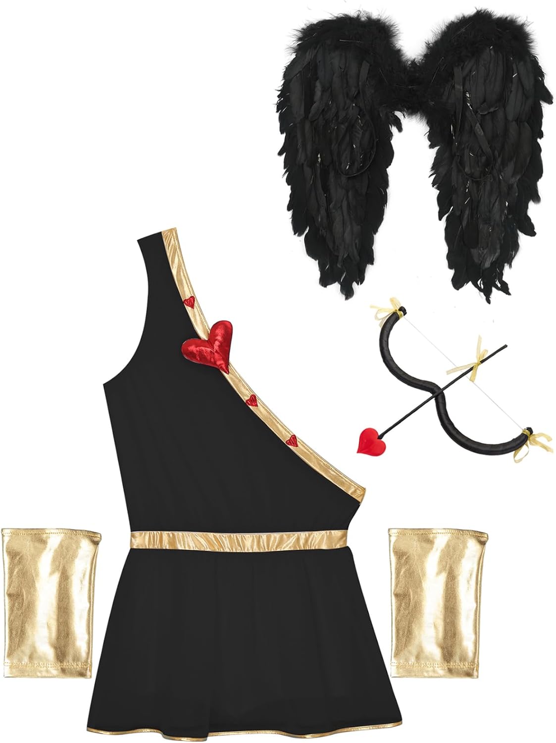 Jugaoge Men's Cupid Costume One-Shoulder Romper Outfit with Cupid Wings and A Plush Bow and Arrow Set