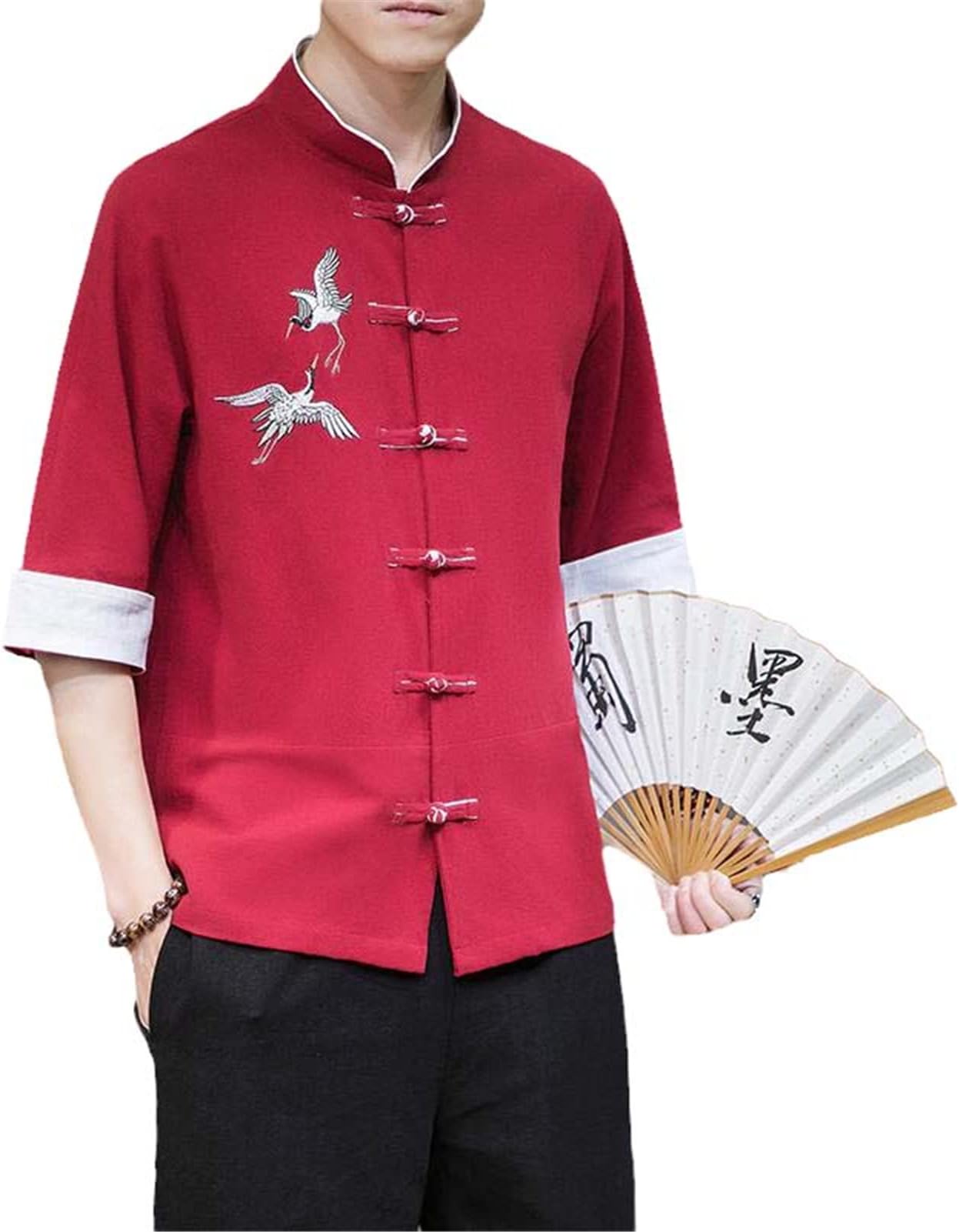 Chinese Style Mens Tops Tang Suit Linen 3/4 Sleeve Solid Traditional Kung Fu China Type Hanfu Shirt Plus Size