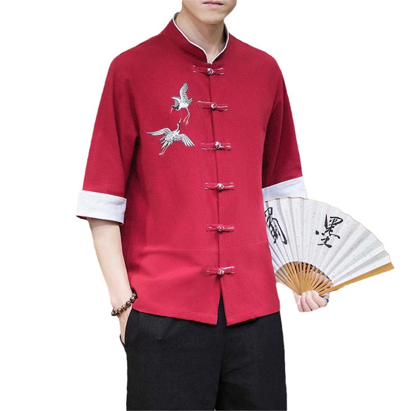 Chinese Style Mens Tops Tang Suit Linen 3/4 Sleeve Solid Traditional Kung Fu China Type Hanfu Shirt Plus Size
