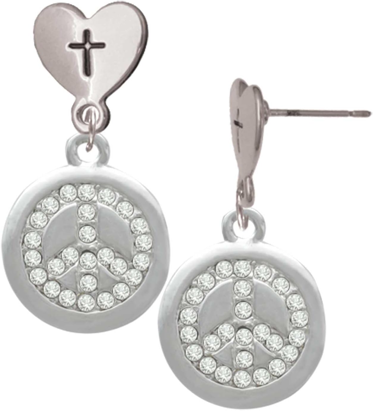 Delight Jewelry Disc with Crystal Peace Sign Plated Cross in Heart Post Dangle Earrings