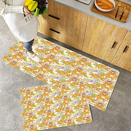 Lot de 2 Tapis de Cuisine antidérapants, Absorbe l'eau et l'huile, Résistant à la poussière Tapis de Cuisine,Floral, lis géant, pétales, fleurs exotiq,Tapis de Sol pour l'intérieur,40x60 cm+40x100 cm