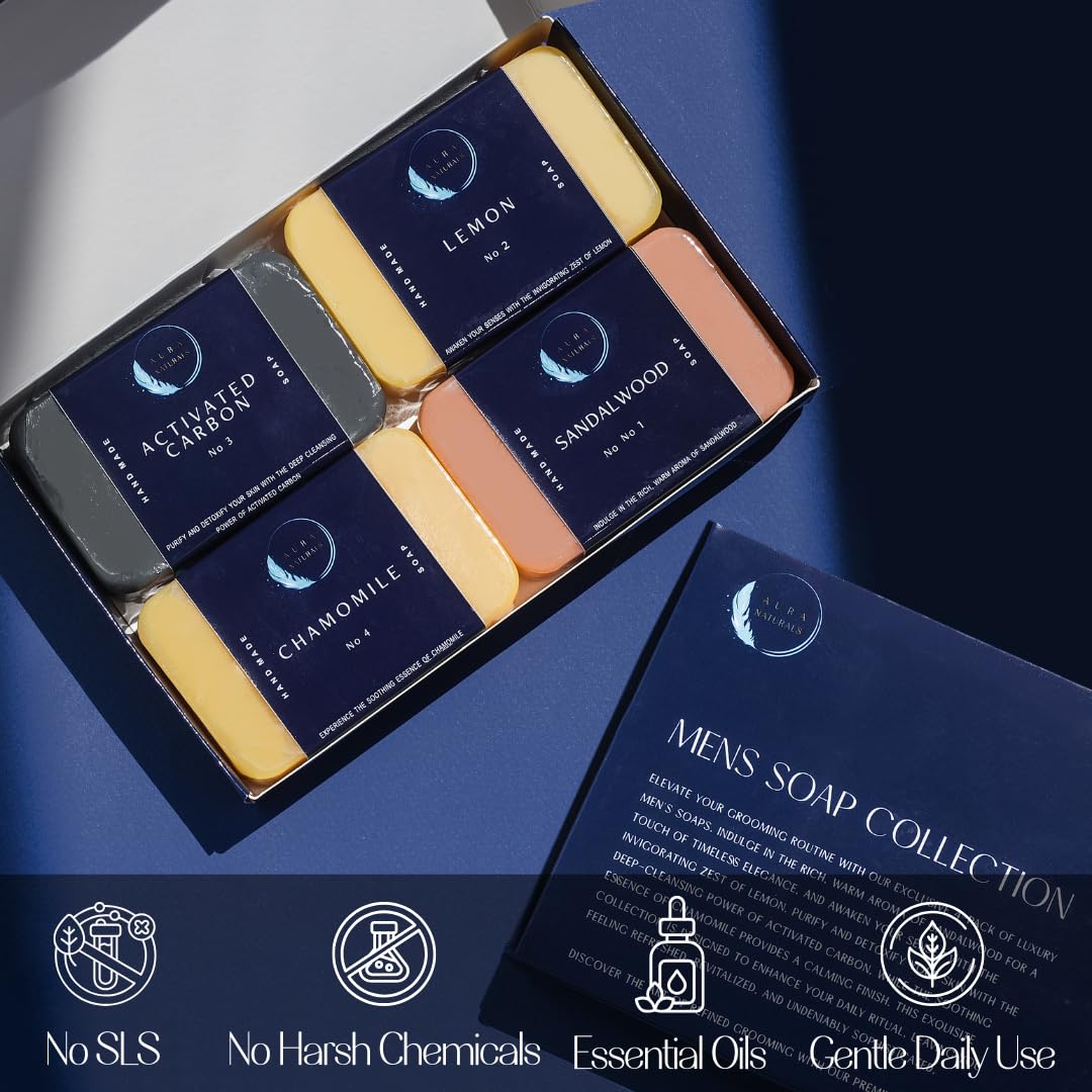 Mens Bar Soap Pack of 4 - Sandalwood, Lemon, Activated Carbon & Chamomile Scented Natural Soap for Men - 5.3oz Bar - Exfoliating Soaps for Men Body, Hand, Face - Male Soaps Gift Set - Image 4