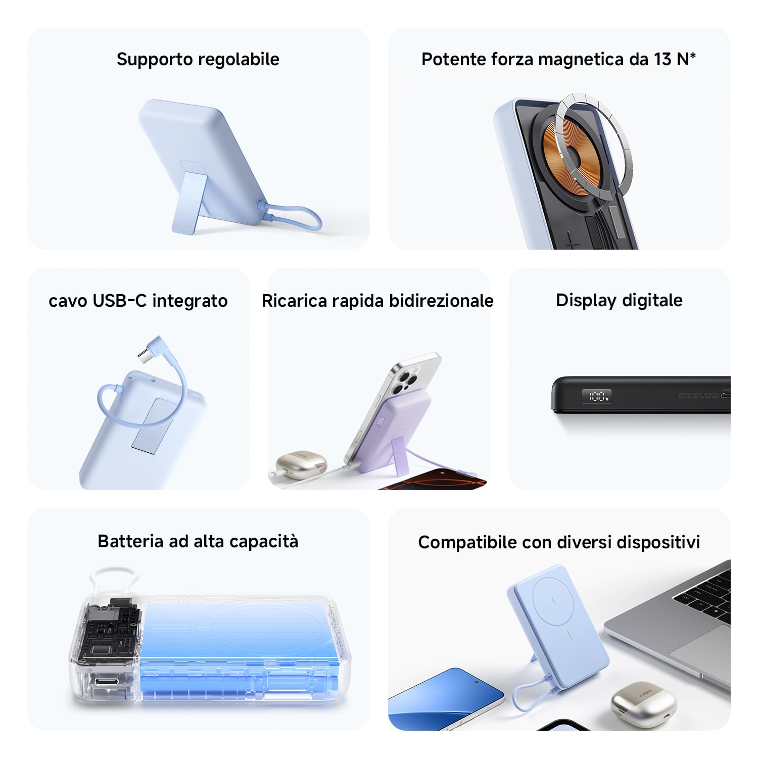 Xiaomi Power Bank Magnetico 10000mAh con Supporto Regolabile, MagSafe USB-C | Power bank MagSafe 10000mAh con supporto integrato. Ricarica wireless + supporto — perfetto per viaggi e videochiamate.