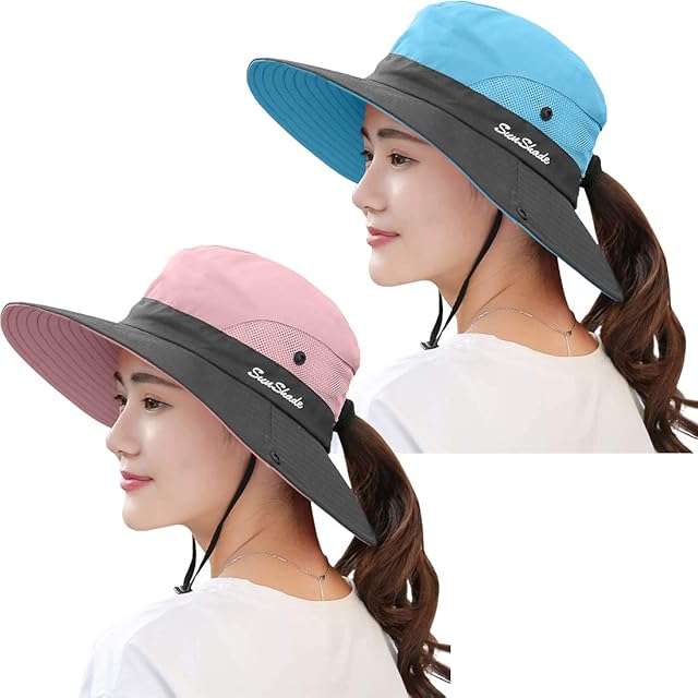IYEBRAO 2 Pack Womens UV Protection Ponytail Sun Hat UPF 50+ Summer Foldable Mesh Boonie Cap for Beach Gardening Fishing Hiking