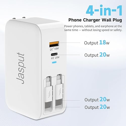 Miniatura 4 de Bloque Cargador de Pared USB, Cables Retráctiles Duales Incorporados Bloque USB C de 40W Enchufe de Pared con Puertos USB AUSB C, Viaje y Carga