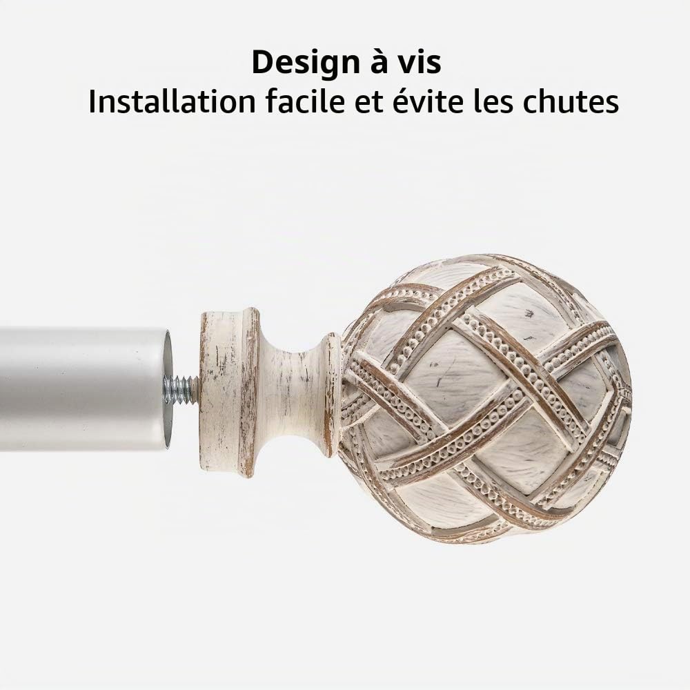 Ycolnaefllr Tringle à Rideaux DéCorative Pour FenêTres De 2,5 Cm De DiamèTre, Longueur RéGlable De 213 à 304 Cm, Tringle à Rideau Simple RéGlable Avec Embout En RéSine, Blanc