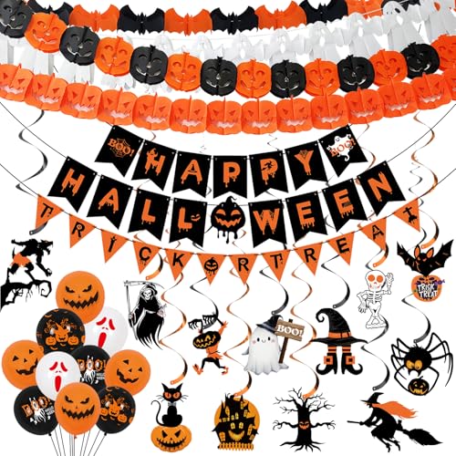 Xyxu Halloween Decorations Indoor Set - Reusable Happy Halloween Decor & Trick or Treat Banners Ghosts Pumpkin Bat Bunting Garland Spooky Witch Skeleton Spider Hanging Swirl for Party Decorations