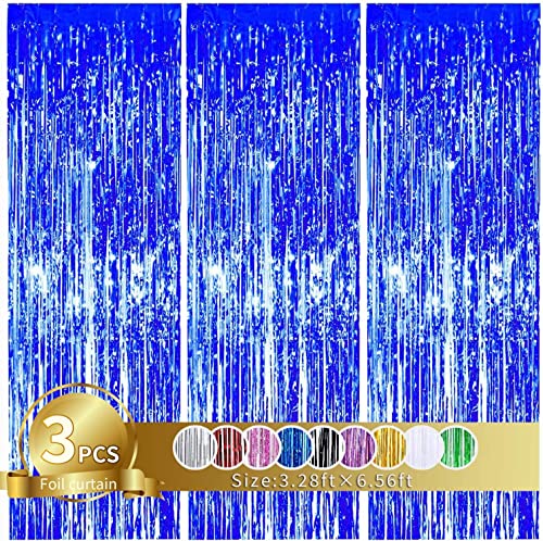 Image of 3 Pcs Blue Tinsel Foil Fringe Curtains,3.28ft x 6.56ft Gold Photo Booth Backdrop Streamer Curtain,Photo Booth Props,Ideal Bachelorette Party Supplies, Birthday, Christmas,New Year Decorations