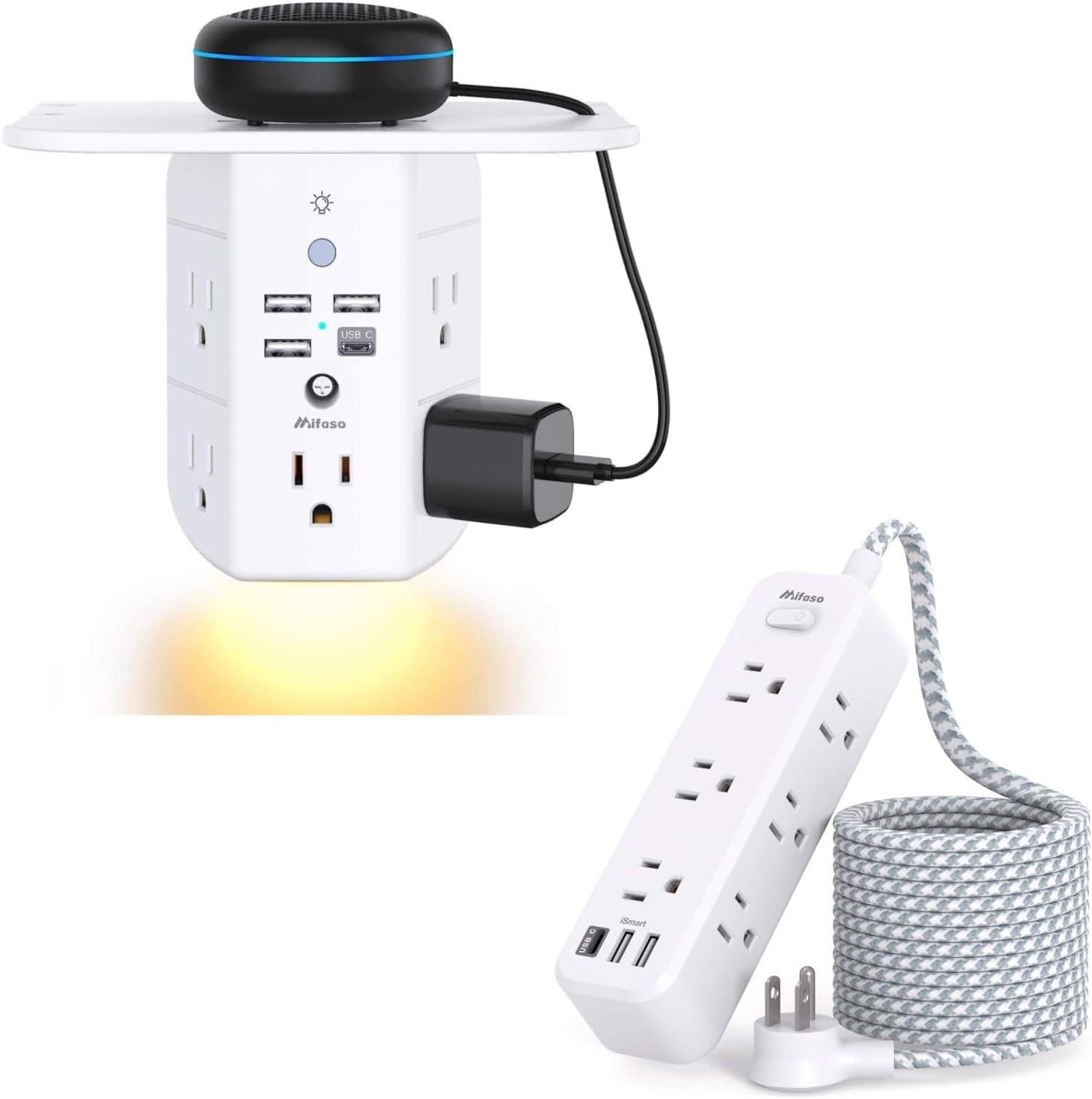 5Ft Surge Protector Power Strip with 9 AC Outlets+ Wall Outlet Extender with Shelf and Night Light