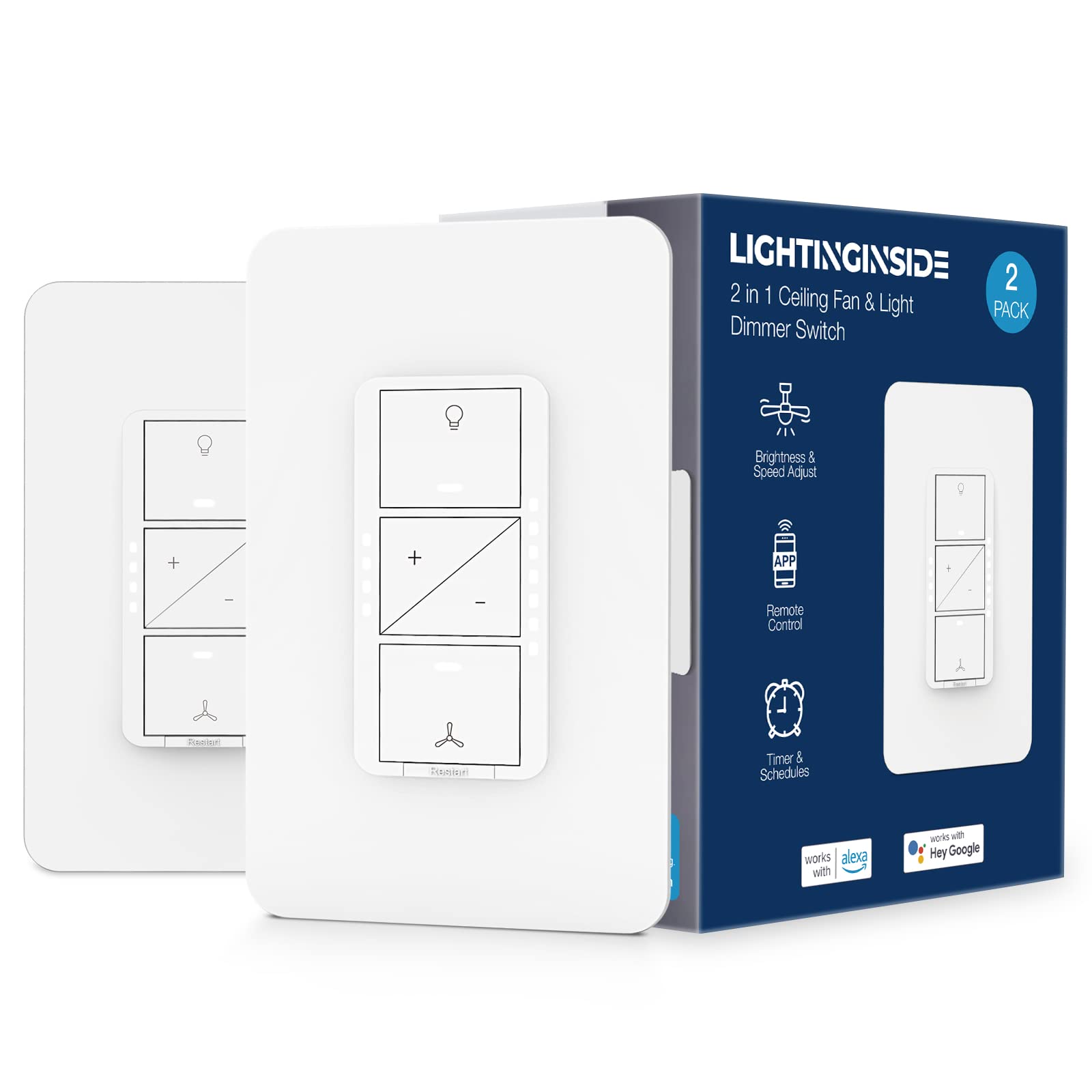 2 in 1 Smart Ceiling Fan Control and Light Dimmer Switch 2 Pack, Neutral Wire Needed, Single Pole 2.4GHz Wi-Fi Fan Light Switch, Work with Alexa, Google Home, App Control, Timer, No Hub Required