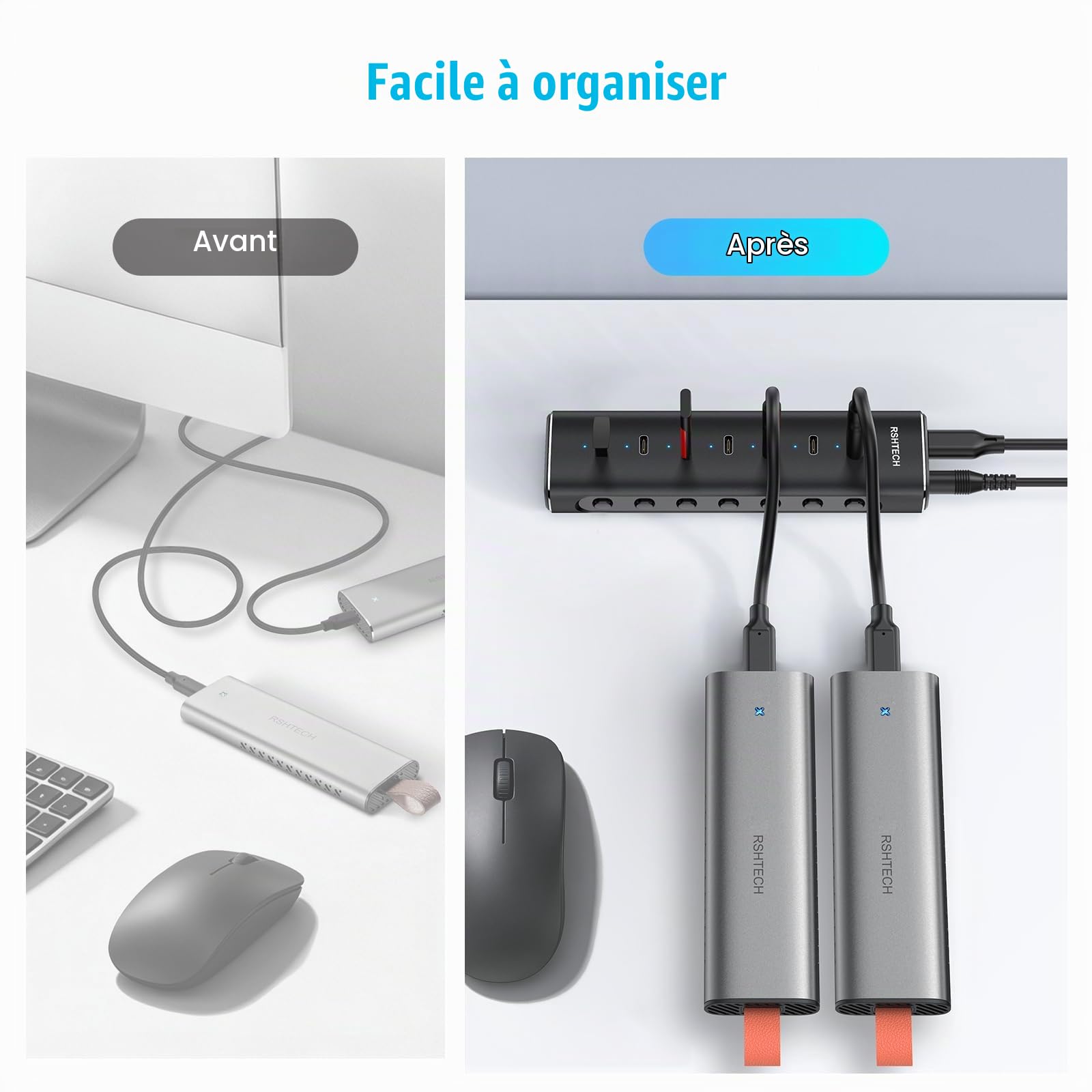 RSHTECH Hub USB C Alimenté 36W, 7 Port Aluminium Hub USB 3.2, RSH-H7C | avec Adaptateur Secteur 12V/3A et Câble 1M pour Ordinateurs Portables/Bureaux Dotés de Ports USB-C et Thunderbolt