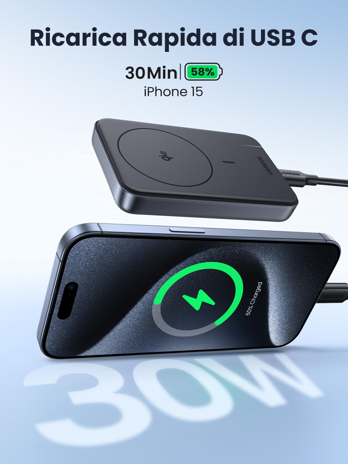 UGREEN Nexode Power Bank Magnetico 10000mAh Qi2 15W, Caricatore Portatile USB C PD 30W con Cavo USB C, Power Bank Magsafe Wireless Compatibile con iPhone 16 15 14 13 12 Mini Plus PRO Max