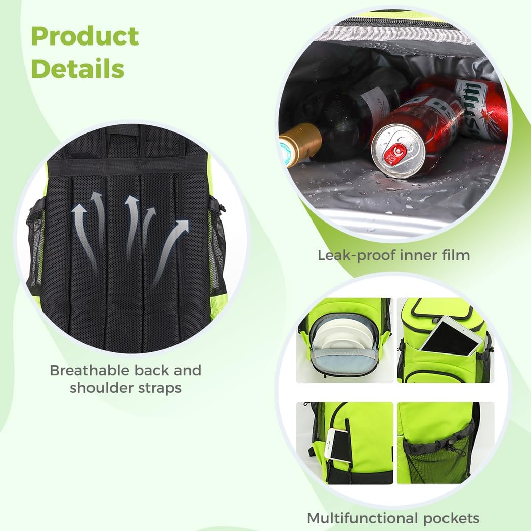 Zaino termico a prova di perdite, borsa termica portatile da 33 l, per picnic, pranzo, campeggio, spiaggia, escursionismo, per uomini e donne