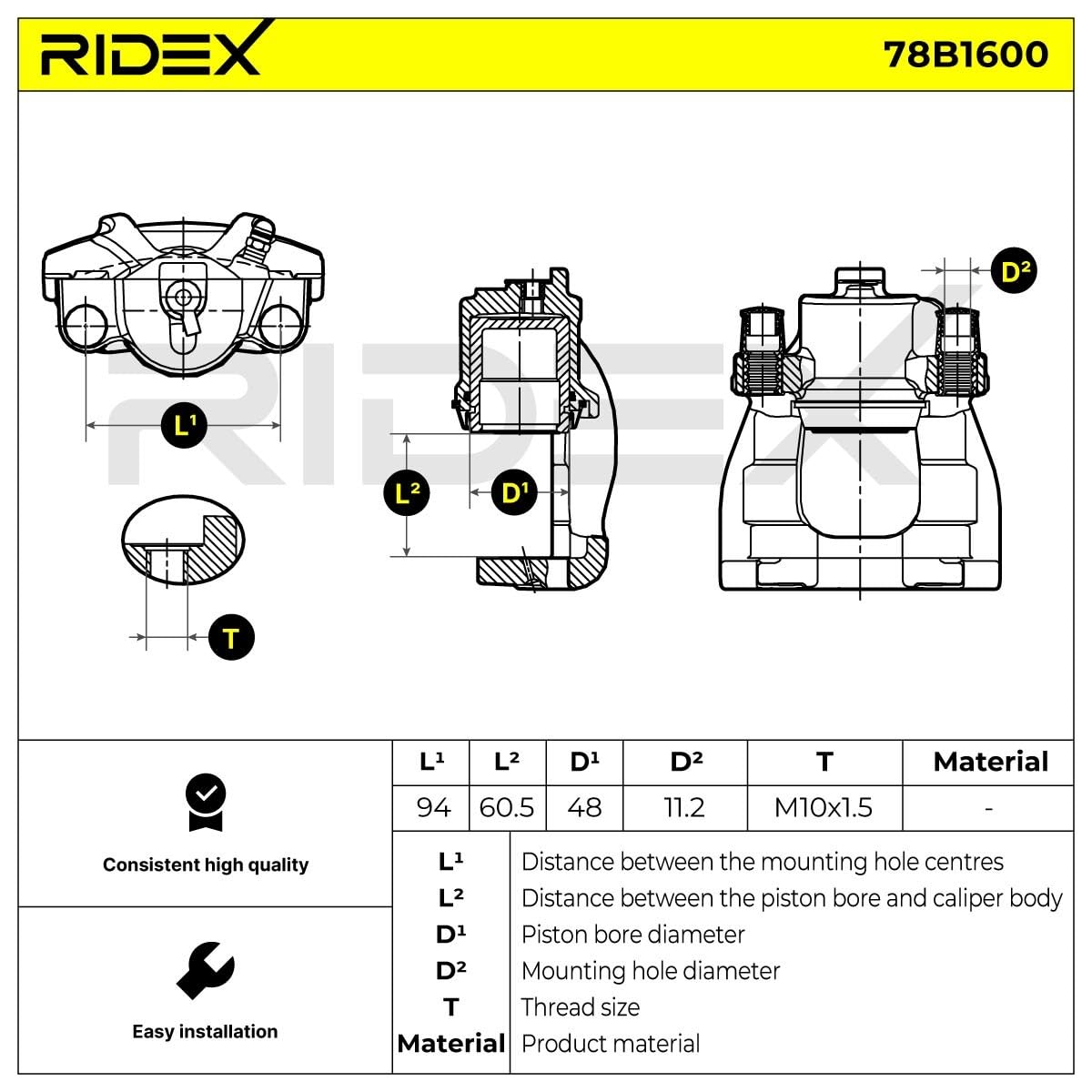 Zacisk Hamulcowy Przedni Prawy RIDEX 78B1600 Kompatybilny z MINI Hatchback R50, R53 Cabrio R52