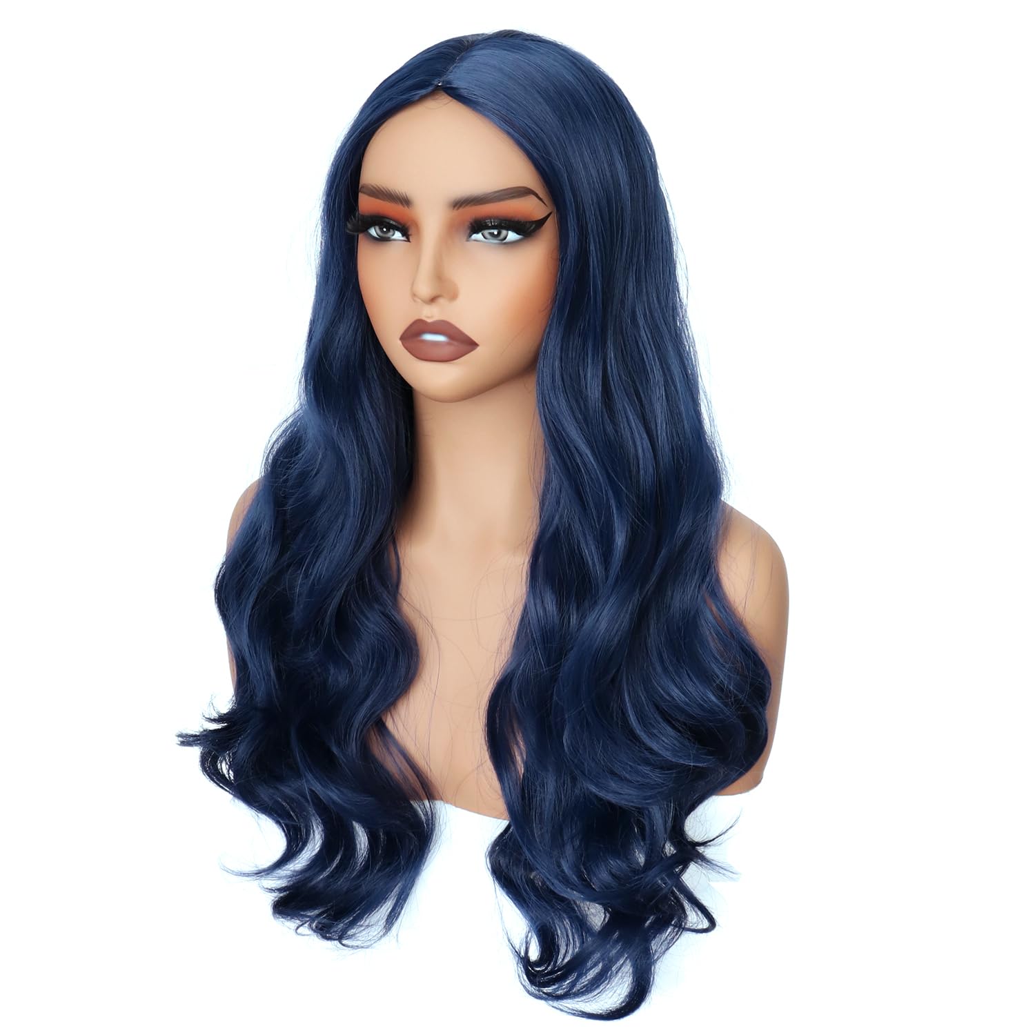 PORSMEER Wig Long Curly Wavy Wigs for Women Ladies with Middle Part Cosplay Fancy Dress Wig Synthetic Heat Resistant Hair Wigs Long Replacement Hair (Dark blue) - Image 3