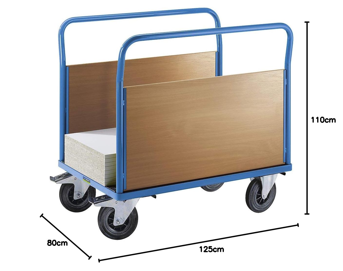 eurokraft pro | Plattformwagen mit Holzwänden | Mit 2 hohen Längswänden, LxB 1250 x 870 mm, Vollgummi