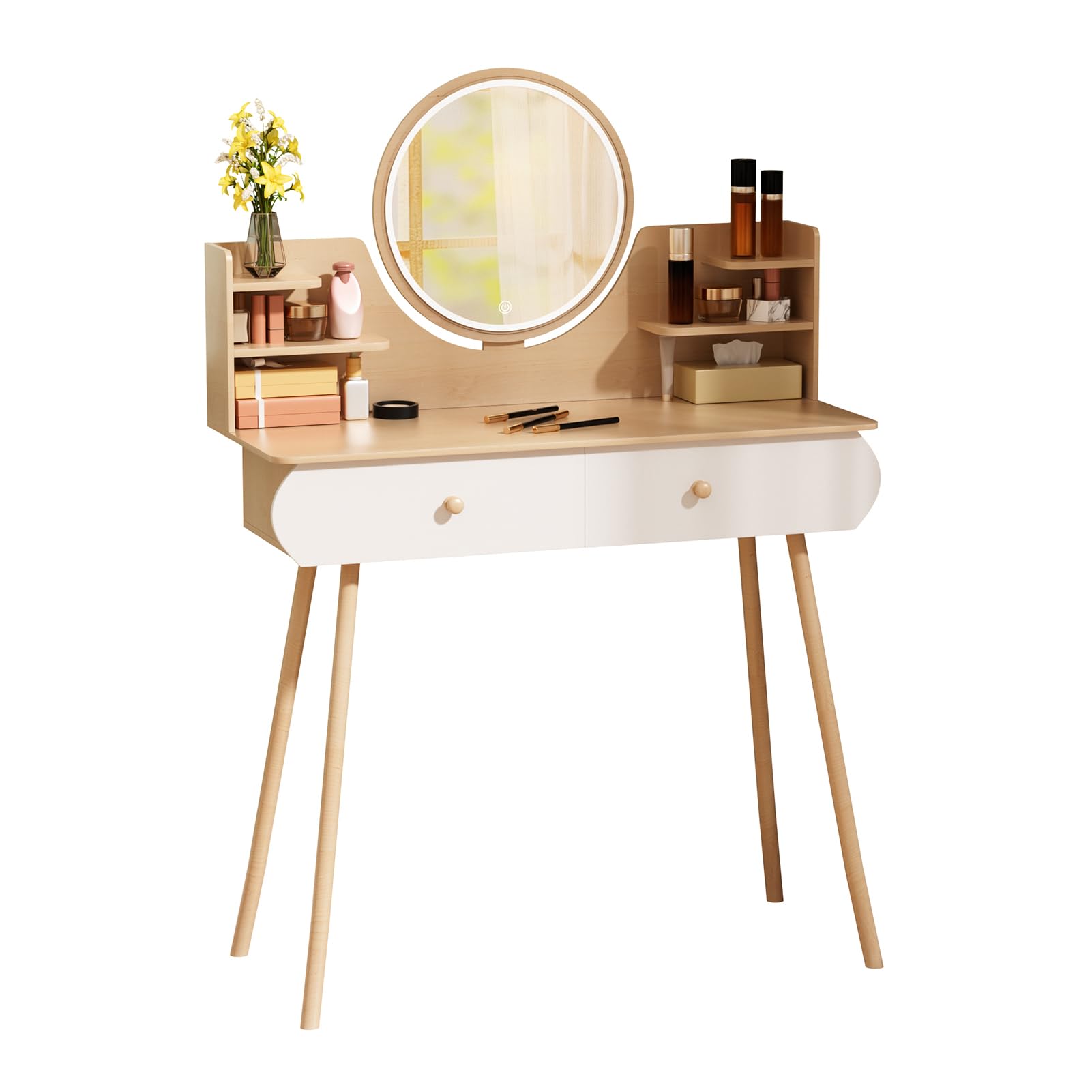 asdchZen Cactus Wooden Makeup Vanity Desk With Mirror & Lights-Small Dressing Table With 2 Drawers & Open Shelves For Bedroom Compact Desk For Small Spaces