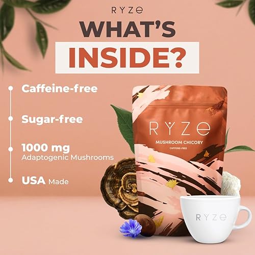 Miniatura 6 de RYZE SUPERFOODS Champiñones de achicoria con 6 hongos adaptogénicos orgánicos, café keto descafeinado con raíz de achicoria para energía,