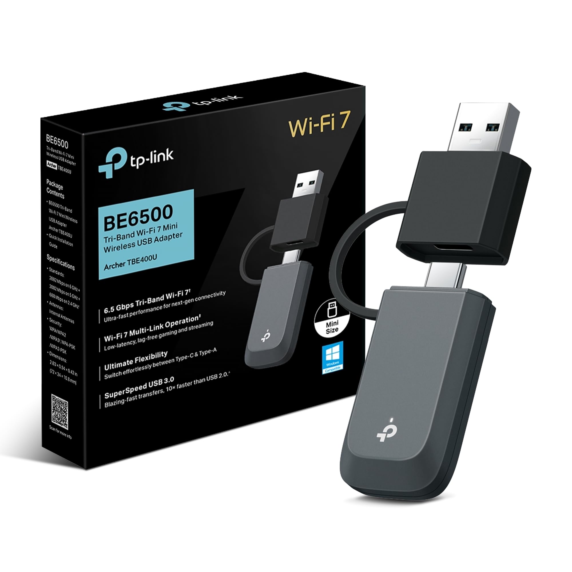TP-Link Archer TBE400U BE6500 WiFi 7 Dongle, Tri-Band USB Adapter for PC | Dual USB-C & USB-A, SuperSpeed USB 3.0 Fast