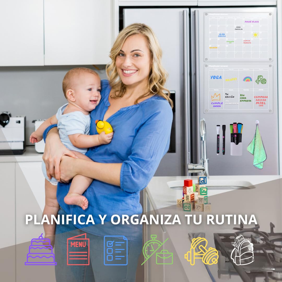 2 pcs Pizarra Magnetica Nevera - Calendario nevera transparente ESPAÑOL - Planificador Semanal + Mensual 40 x 30cm + 8 Rotuladores PREMIUM - calendario iman nevera 2025 reutilizable
