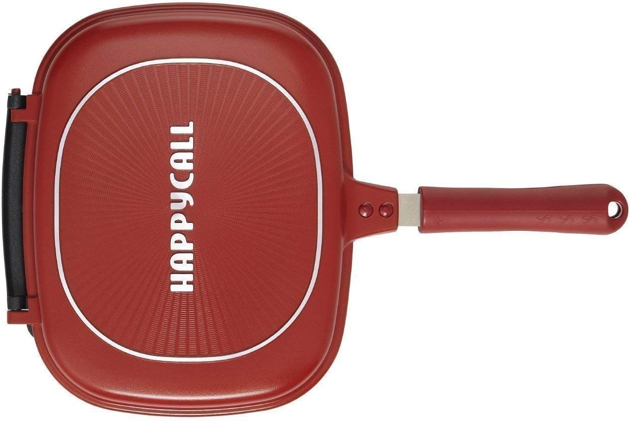 Magic Double-Side Foldable Ceramic Coating Non-Stick Grill Happy Call Frying Pan with 28 cm Strong Magnetic Handles, [Red Color]