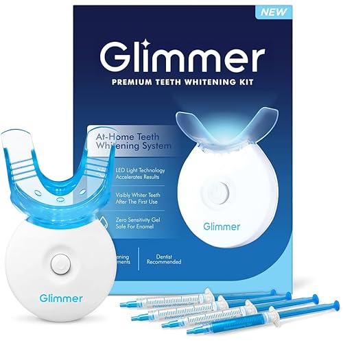 Glimmer Teeth Whitening Kit - LED Light, 35% Carbamide Peroxide, (3) 3ml Gel Syringes, (1) Remineralization Gel, and Tray
