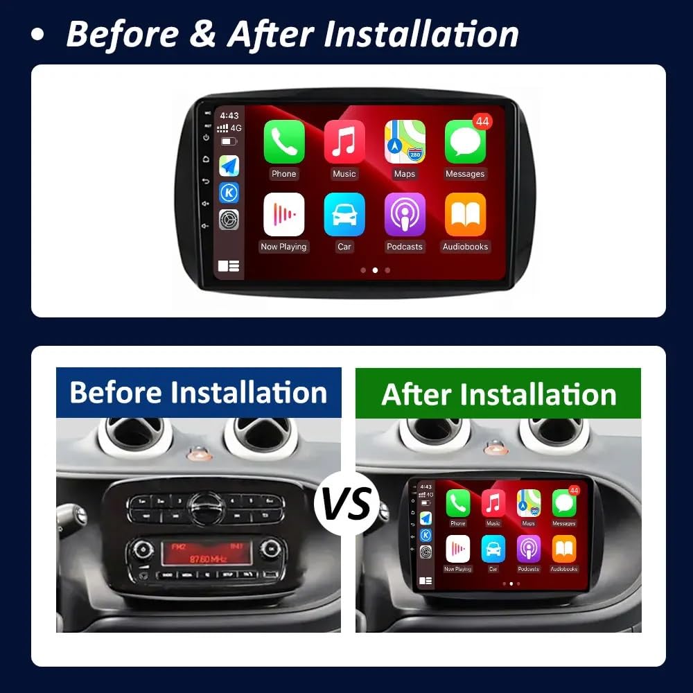 Ekran Carplay dla Mercedes Benz Smart Fortwo 453 2014-2020 Z Kamerą Cofania, Sterowaniem Głosowym I Radiem Fm; Obsługa Siri/Aux/Airplay, 8 Rdzeń 4G+64G