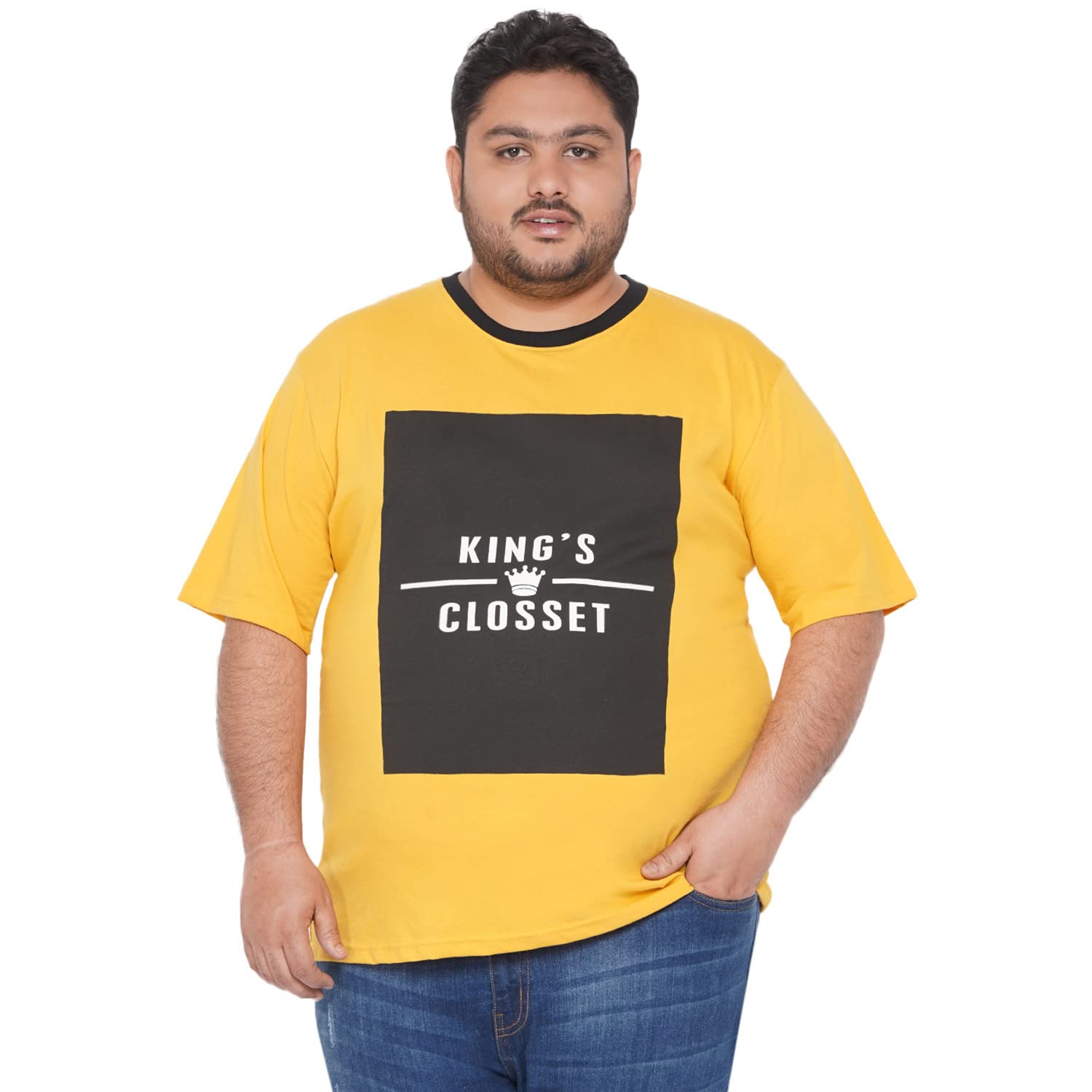 King's ClossetPlus Size Men Regular Fit Cotton Short Sleeve Printed Mustard Round Neck T-Shirt
