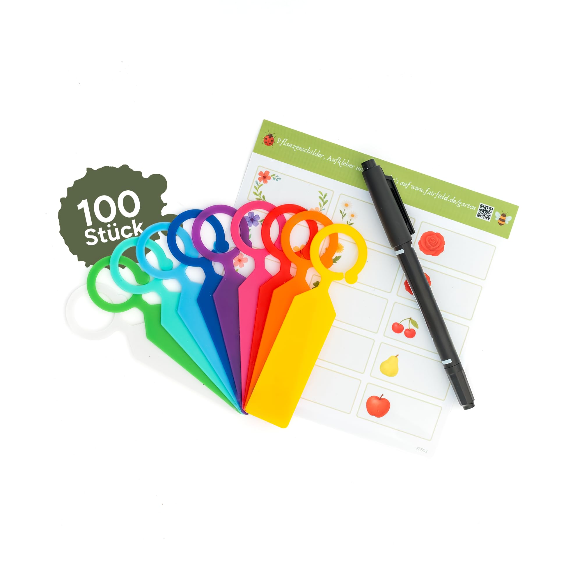 Fairfield Pflanzenhänger Set 100 Stück – Plastik Pflanzenetiketten wetterfest (je 10 Farbtöne) mit wasserfestem Stift & Stickern, beschriftbar & wiederverwendbar für drinnen & draußen