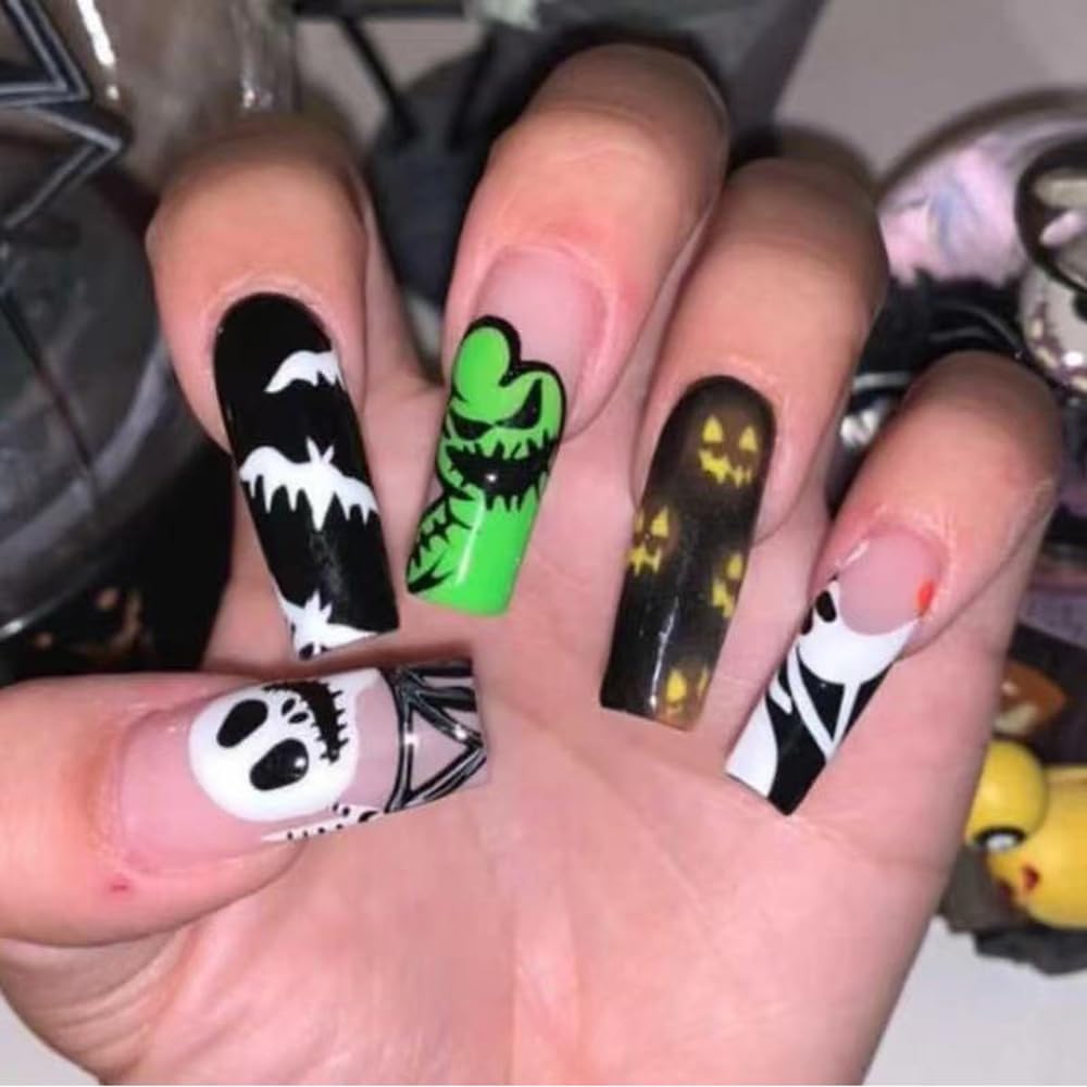 24PCS Long False Nails with Glue Stickers,Coffin Full Cover Acrylic Nails Press on Nails no Glue, Green Ghost Halloween French Fake Nails Stick on Nails for Women and Girls Nail Art