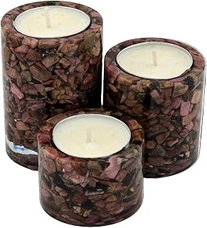 Rhodonite Crystal Tea Light Holder Set, 3-Piece Cylinder Candle Holders, Natural Stone Chips in Resin, Handmade