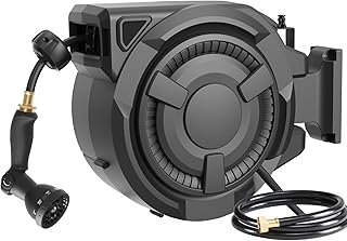 Retractable Garden Hose Reel 1/2 in x 100 ft, Heavy Duty Wall Mounted Hose Reel with 10- Function Sprayer Nozzle, Any Leng...