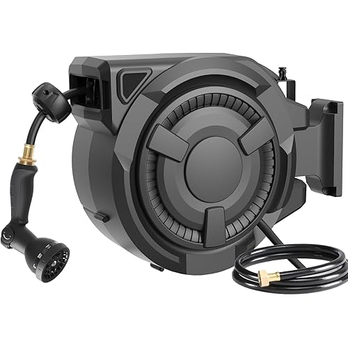 Retractable Garden Hose Reel 1/2 in x 100 ft, Heavy Duty Wall Mounted Hose Reel with 10- Function Sprayer Nozzle, Any Length Lock/Automatic Slow Return System/180°Swivel Bracket/UV Resistant (Black)