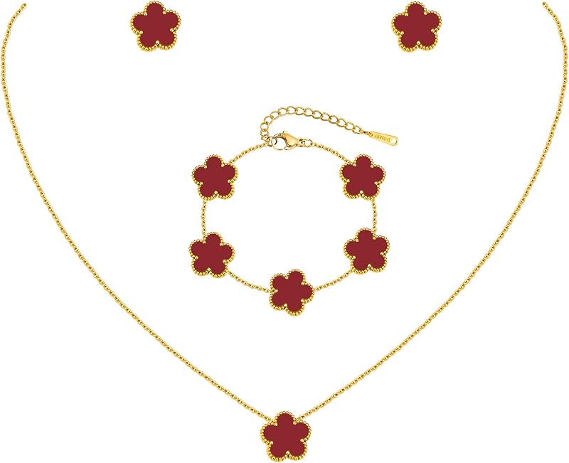 Juego de collares, pulseras y pendientes de oro, pulsera de flores chapada en oro de 18 quilates, juego de joyas con colgante floral de acero inoxidable que no se deslustra, regalo de Navidad, cumpleaños, suerte para su madre, esposa, hija, novia
