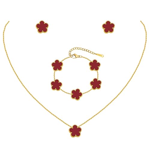 Gold Necklaces Bracelets Earring Set - 18K Gold Plated Flower Bracelet Chain,Stainless Steel Non Tarnish Floral Pendant Stud Jewelry Sets,Christmas Birthday Lucky Gift for Mom Wife Daughter Girlfriend