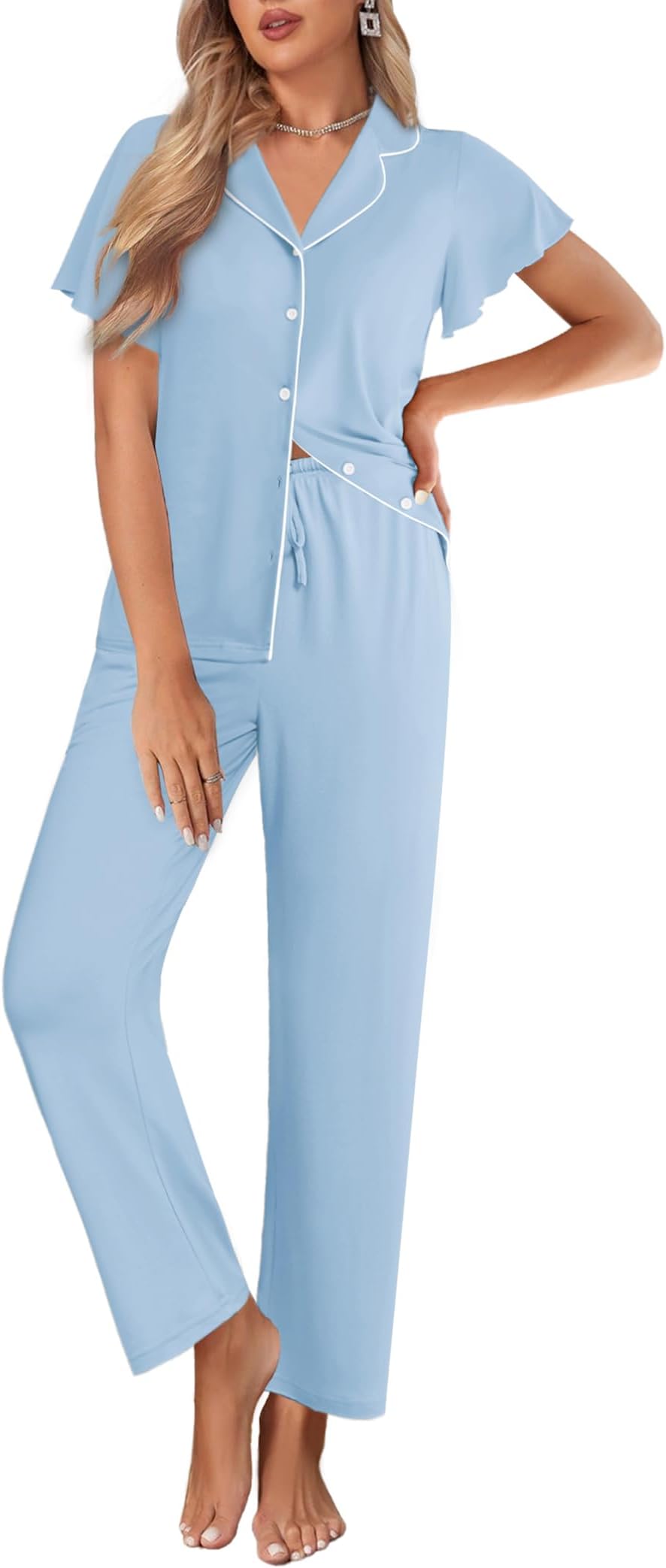 Pajamas for Women Set Button Up Sleepwear Cute Pjs Ruffle Sleeve Notch Collar Loungewear with Long Pants S-XXL