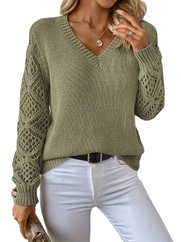 Womens Hollow Out Solid Color Sweaters Light Weight V Neck Fall Slouchy Loose Pullover Knit Jumper Tops