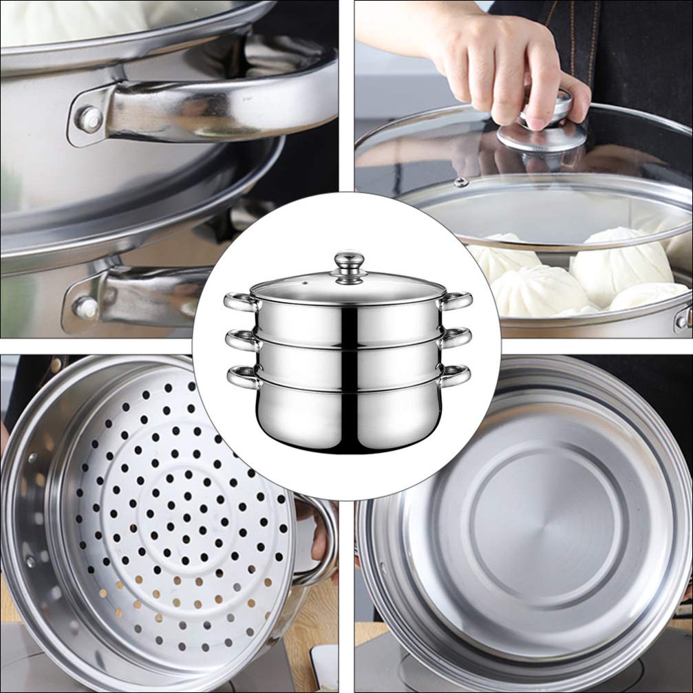 3-poziomowy garnek do gotowania na parze ze stali nierdzewnej duży 32 cm naczynia do gotowania na parze do owoców morza warzyw i tamales zawiera kosz do gotowania na pierogi (rozmiar: 32 x 25,4 cm)