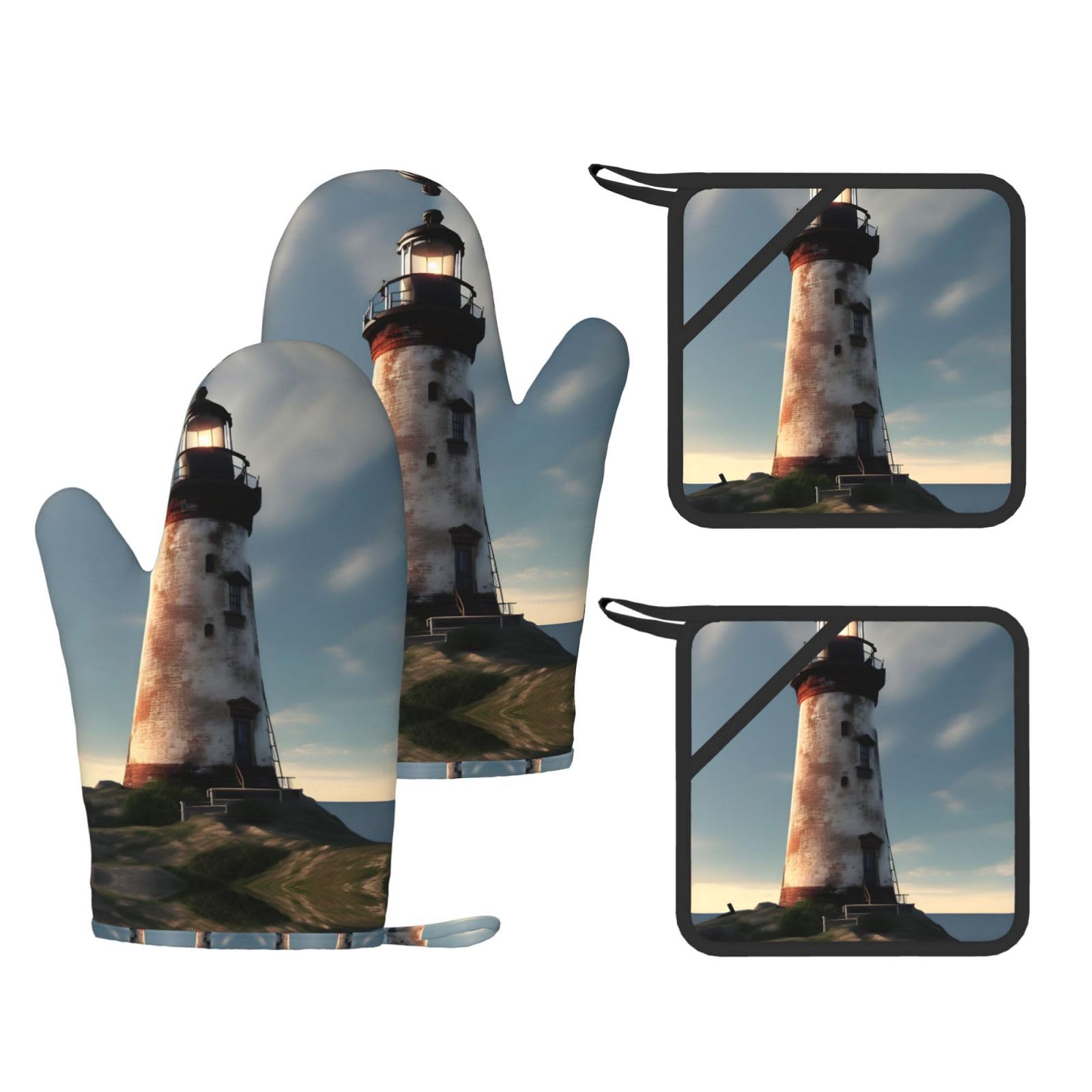 Old Lighthouse Printed Kitchen Set with Heat Resistant Oven Gloves & Non-Slip Pot Holders for Daily Cooking